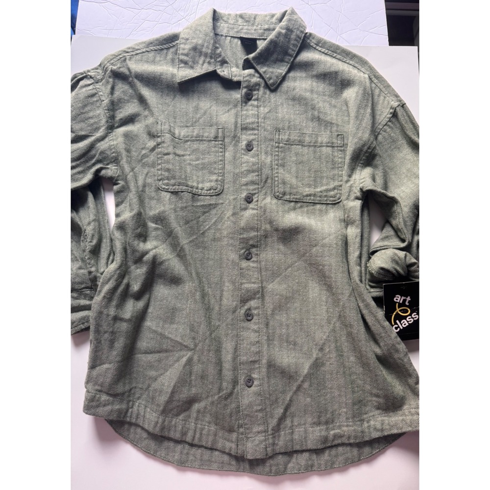 Art Class Boys Green Herringbone Long Sleeve Button Down Shirt Size L 10/12 NWT